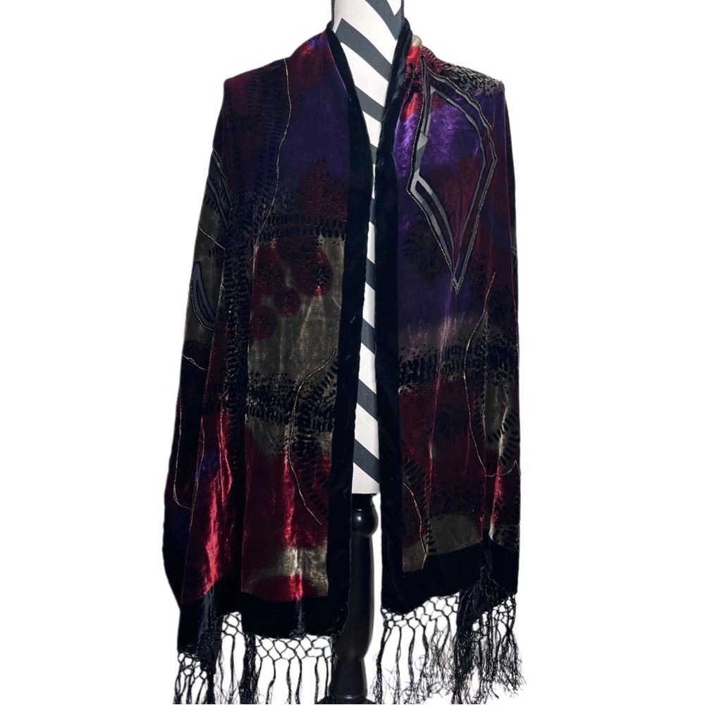 VTG Whimsigoth Burnout Velvet Elegant Fringe Scarf Wrap Shawl - Picture 9 of 12